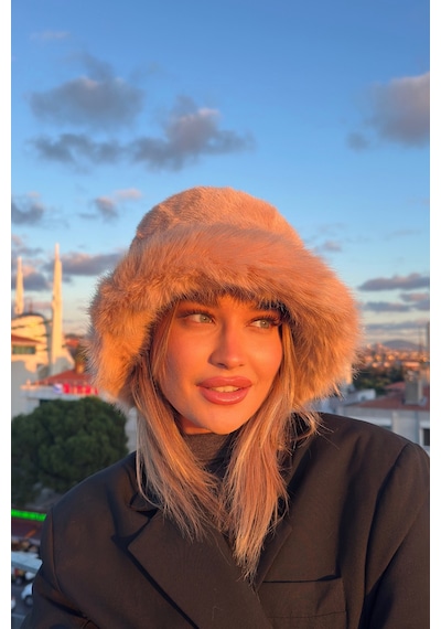 Mollycrush Suni Kürklü Peluş Bucket Kalpak Şapka Luxury Kadın Camel Rus Slav Tarzı Camel