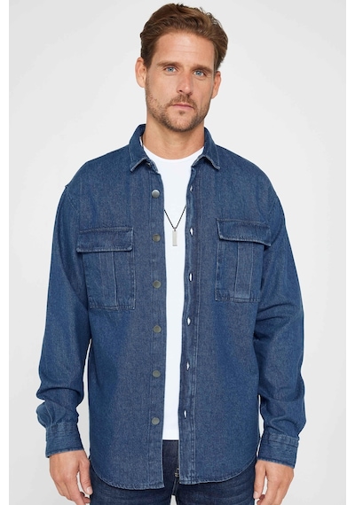 Tudors Relax Fit Uzun Kollu Rahat Kesim Çift Cepli Metal Düğmeli Denim Erkek Gömlek-31321-lacivert Lacivert