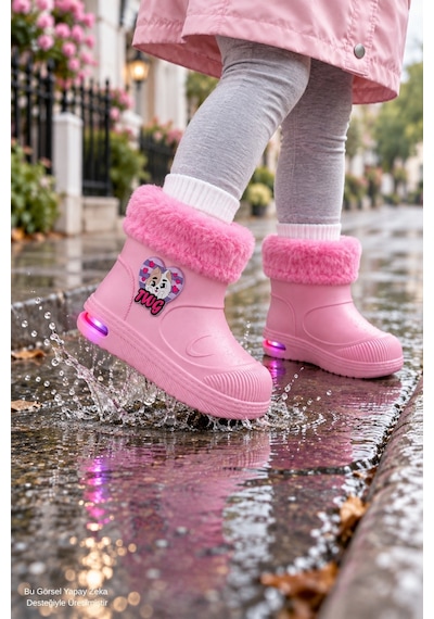 Muggo Muppy Işıklı Kürk Detaylı Unisex Çocuk Günlük Yağmur Ve Kar Botu Pudra