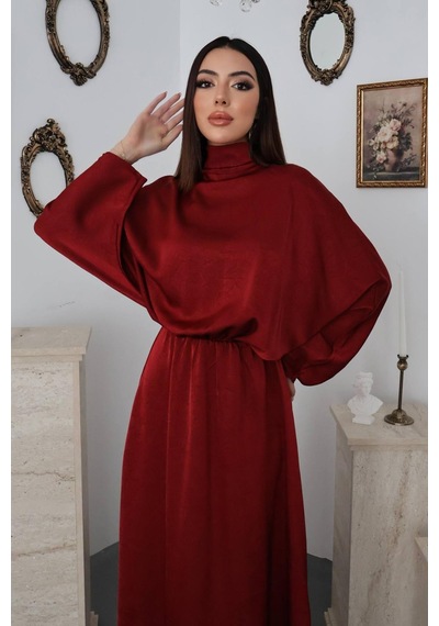 Maximodena Bordo Jakarlı Saten Elbise - Bordo