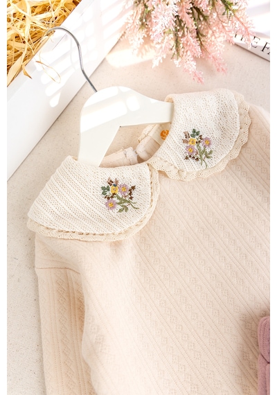 Babymod Bebe Yaka Çiçek İşlemeli 2'li Kız Bebek Takım Set Gülkurusu