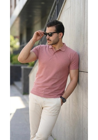 Defymoda Erkek Kısa Kollu Yakalı Tişört Gülkurusu