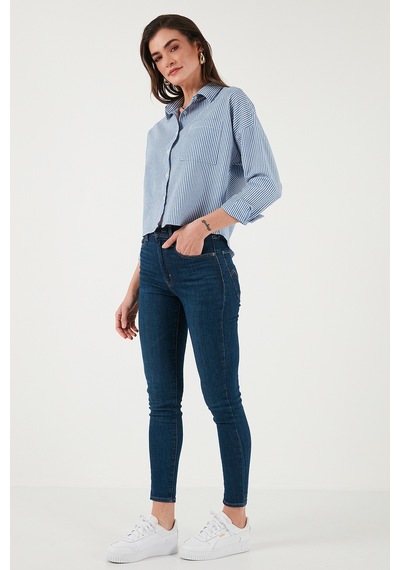 Lela Regular Fit Çizgili Göğüs Cepli Dokulu Bayan Gömlek 6772870 Indigo
