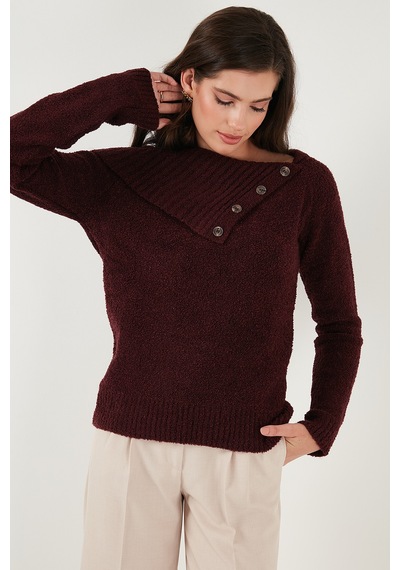 Lela Premium Regular Fit Kayık Yaka Düğme Detaylı Bayan Kazak 680Kz002563 Bordo
