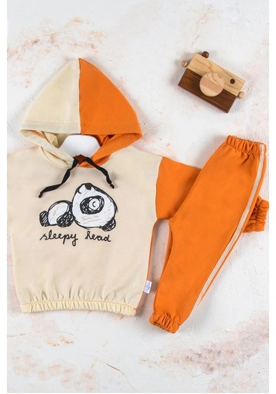 Veraura Lifestyle Panda Desenli Kapişonlu Erkek Bebek Takımı Turuncu