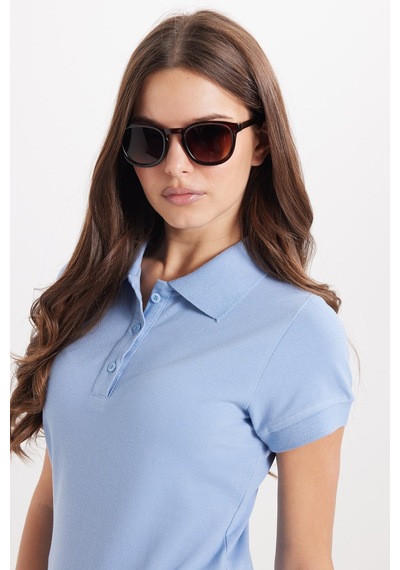 Tudors Kadın Slim Fit Dar Kesim %100 Pamuk Polo Yaka Mavipike Tişört -50837 Mavi