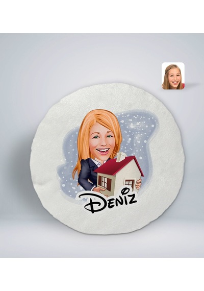 Bk Gift Kişiye Özel İsimli Kadın Emlakçı Karikatürlü Yuvarlak Araç Koltuk Yastığı-1 Çok Renkli