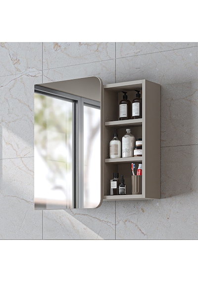 Likya Kulpsuz Tek Kapaklı Açık Raflı Aynalı Mdflam 70 Cm Aynalı Banyo Üst Dolabı Kumtaşı