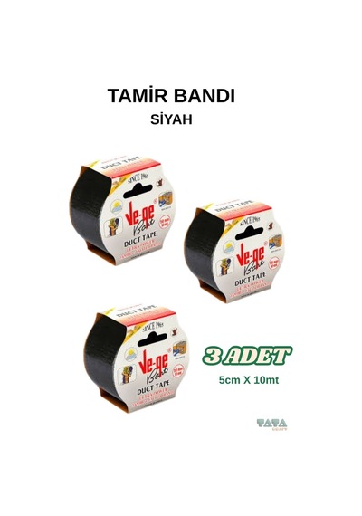Vege - 3 Adet Siyah - Tamir Yalıtım Bantı , Duct Tape Tamir, Hobi, Ağır Ambalaj - 5cm X 10mt - 683188600