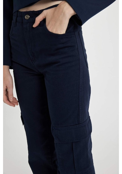 DeFacto Coool Straight Fit Gabardin Pantolon Kargo Cepli Yüksek Bel B0458AX23AUNV28 Lacivert