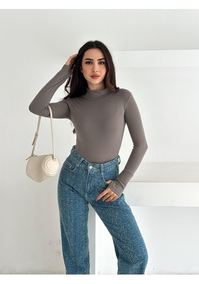 Kadın Yarım Balıkçı Yaka Parmak Geçmeli Full Likralı Buzz Body Vizon