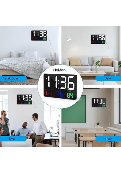 Dijital Duvar Saati Renkli Hd Led Ekran 25x16 Cm Tarih Gün Sıcaklık Alarm Usb Dekoratif
