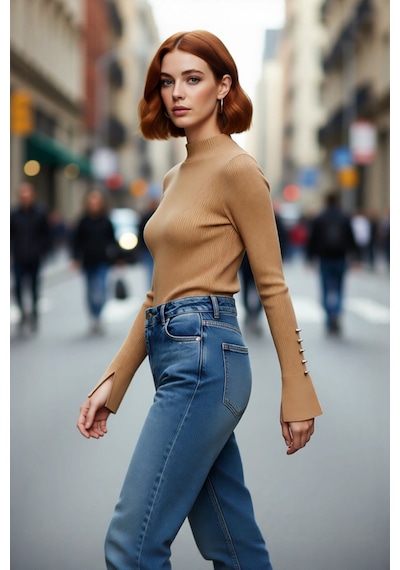 Ersefa Kadınlar İçin Dik Yaka Uzun Kollu Fitilli Dokuma Fitted Kesim Tri Camel