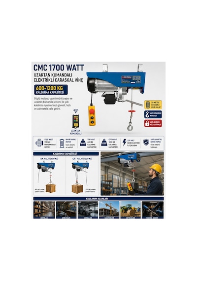 Cmc 1700 Watt Uzaktan Kumandalı Elektrikli Caraskal Vinç 600-1200 Kg