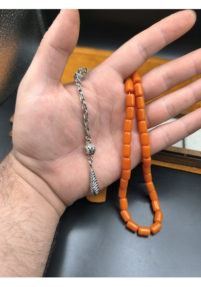 Osmanlı Benzetme Çubuk Sıkma Tesbih Turuncu, 10x7 Mm Gümüş