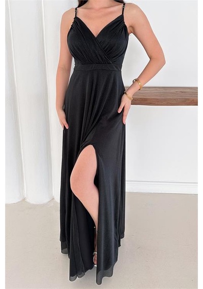 Neşeli Butik Kadın Ayarlanabilir Askılı Yırtmaçlı Tül Abiye Elbise Rys9276 Siyah