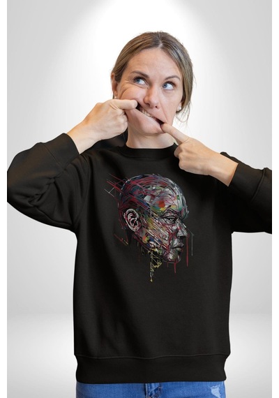 İnsan Kafası Sulu Boya Unisex Siyah Baskılı Sweatshirt Siyah