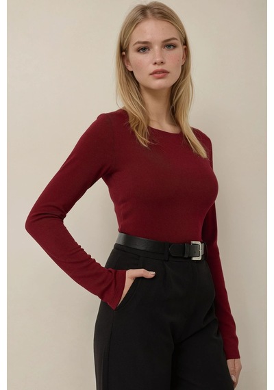 Hiccup Kayık Yaka Uzun Kollu Slim Fit Top Bordo Kırmızı