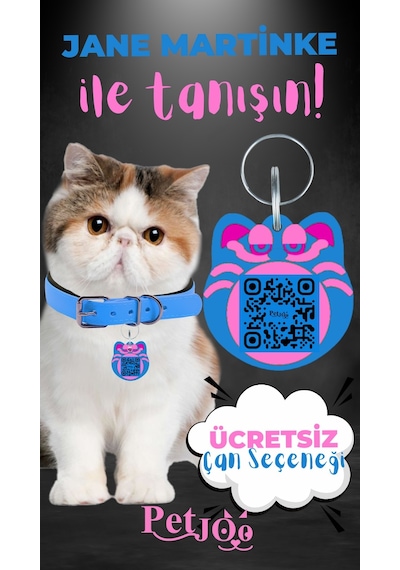Petjoo 5.Jane Martinke Pembe-Mavi Qr'lı Kedi Künyesi