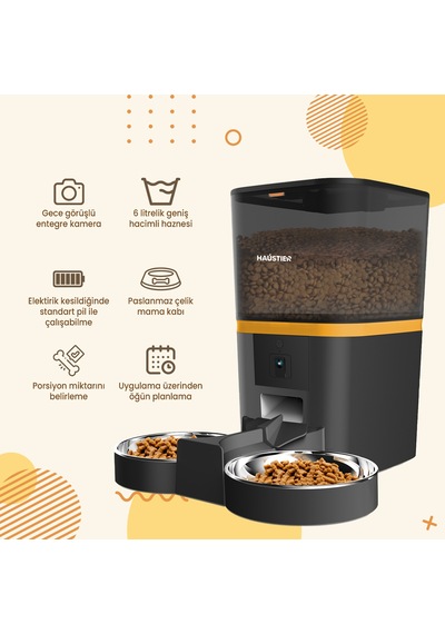 Haustier Qq005-dual Siyah Kameralı Akıllı Kedi Köpek Otomatik Mama Kabı, App Uzaktan Kontrol, Sesle Çağırma, 480p Kamera, 6lt Hazne, Çift Metal Kase