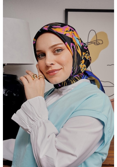 Afvente Yaprak Desen Lacivert Soft Pamuk Eşarp