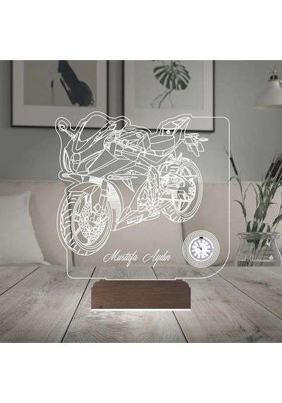 Luvivia Motorsiklet Motorcu Hediye Kişiye Özel Metal Saatli 3d Lamba - Masa Gece Lambası Şeffaf
