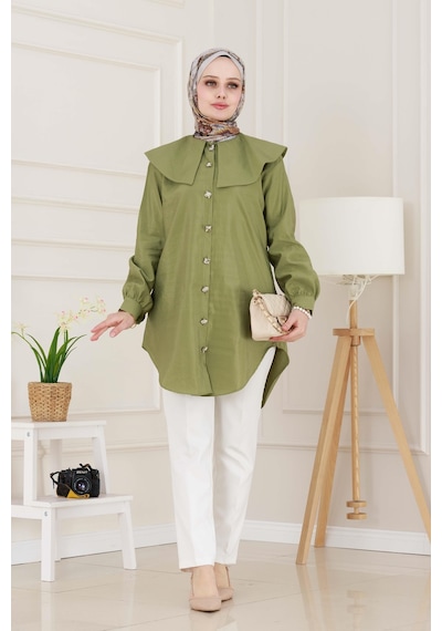Sevitli Beli Bağcık Detaylı Geniş Yaka Tunik-yeşil-4992 Yeşil