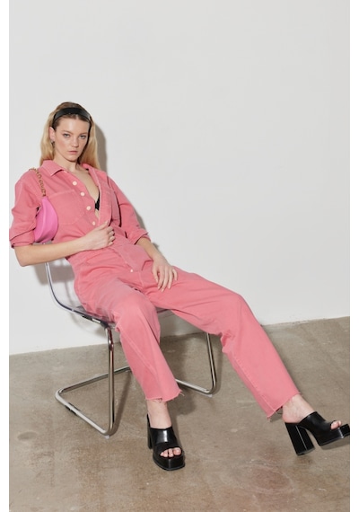 Kick Flare Regular Fit Normal Kesim Gömlek Yaka Geniş Paça Pembe Tulum W237XMP63 Pembe