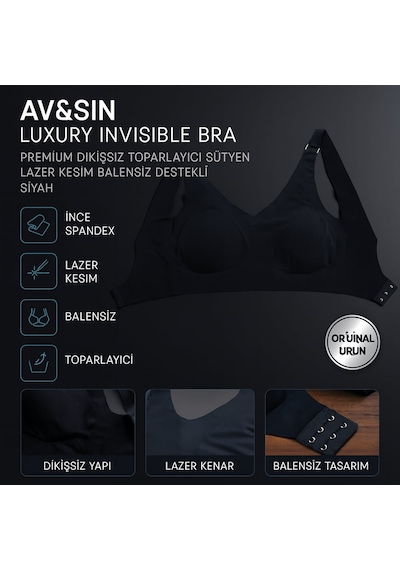 Av&sın Luxury Invisible Bra Premium Dikişsiz Toparlayıcı Sütyen Lazer Kesim Balensiz Destekli Siyah Beyaz