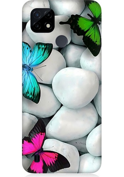 Realme C21 Uyumlu Silikon Kılıf Mavi Yeşil Pembe Kelebekler Ve Beyaz Taşlar