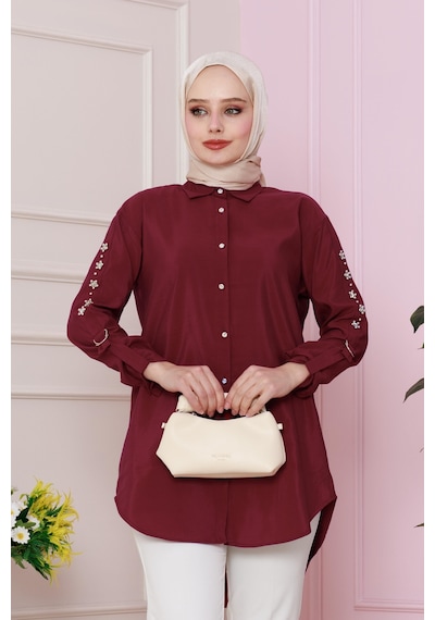 Sevitli Kolu Çakım Detaylı Tunik-bordo-4727 Bordo