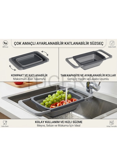 Ayarlanabilir Katlanabilir Lavabo İçi Süzgeç 6.3 Litre Geniş Hacimli Meyve, Sebze Ve Makarna Süzgeci Antrasit Gri