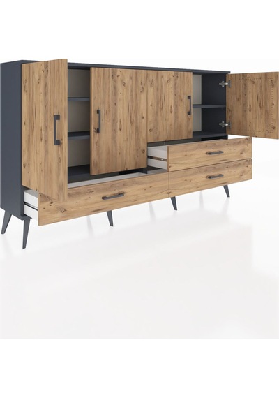 Arges Konsol 5 Raflı 3 Çekmeceli 4 Kapaklı 176x30x99 Antrasit-çam Antrasit-çam