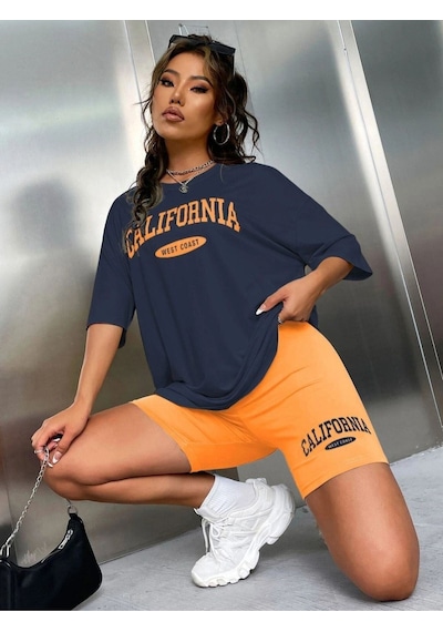 Flood Of Style Kadın Siyah Beyaz Calıfornıa Baskılı Bisiklet Yaka Tshirt