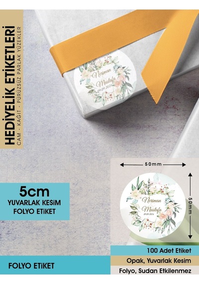 Suluboya Çiçek Modeli 2, Etiket Modeli Ürünlerinize Özel 5cm - 100 Adet Folyo Sticker Renkli