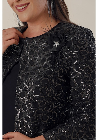 By Saygı Yarım Ay Kollu Uzun Krep Elbise Kolu Ve Önü Pulpayet Kaftan Astarlı Büyük Beden 2'li Takım-34854-siyah Siyah By Saygı Yarım Ay Kollu Uzun Krep Elbise Kolu Ve Önü Pulpayet Kaftan Astarlı Büyük Beden 2'li Takım-34854-siyah Siyah