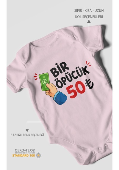 Morivokids Bir Öpücük 50tl Kısa Kollu Bebek Body %100 Pamuk Bebe Pembe