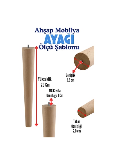 4'lü Set Ahşap Dolap Mobilya Koltuk Kanepe Ayağı Ayakları M8 20 Cm Bağlantı Aparatlı Kahverengi Kahverengi
