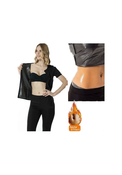 Hot Power Sauna Takım Yarım Kol (Fermuarlı) + Tayt Takım Sauna Se Siyah