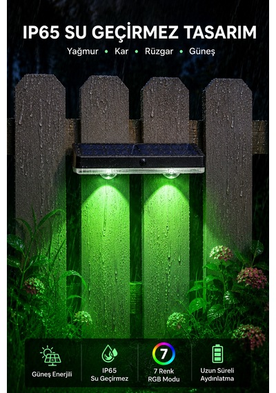 Solar 7 Renkli Rgb Çit Apliği 2 Li Set, Güneş Enerjili Dış Mekan Duvar Lambası, Ip65 Su Geçirmez Bahçe Balkon Teras Aydınlatması