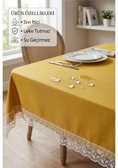 Su Geçirmez Leke Tutmaz Masa Örtüsü Dantelli Silinebilir Kumaş Sofra Örtüsü Sarı
