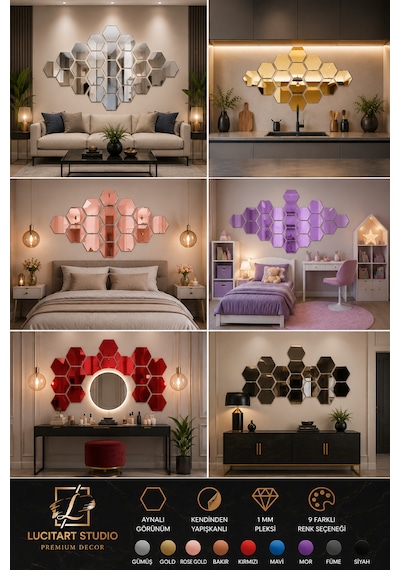 Lucitart 10 Adet Aynalı Pleksi Gümüş Petek Duvar Dekoru Kendinden Yapışkanlı Dekoratif Altıgen Ayna 10x11 - 15x17 - 20x23 Cm