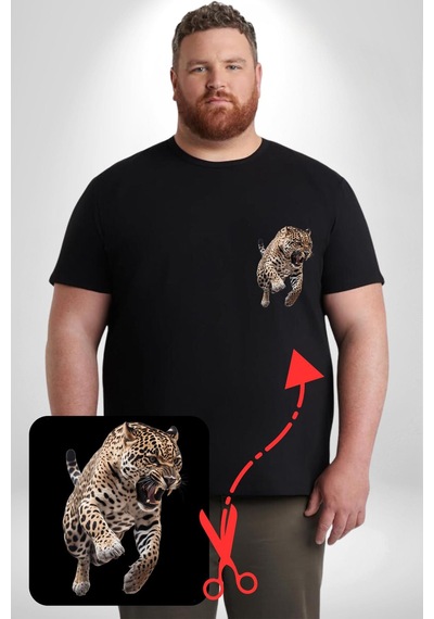 Angemiel Jaguar Sırtından Çıkan Siyah Büyük Beden Kadın Basic Minimal Baskılı Tişört Siyah