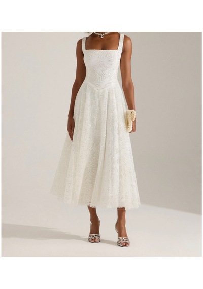 Uzer Abiye Işıltılı Sim Baskılı Jacquard Dokulu Kare Yaka Couture Premium Abiye Elbise,düğün Albisesi Beyaz