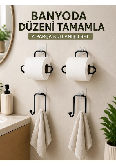 Banyo Ve Mutfak İçin 4 Parça Set 2 Adet Kağıtlık 2 Adet Havlu Askısı Siyah