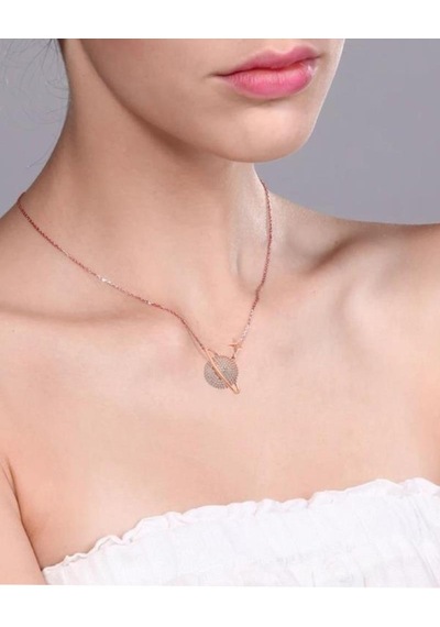 Brezza Lusso Jewelry Rose Renk Gezegen Kolye Beyaz Taşlı Gümüş Kadın Kolye 45 CM