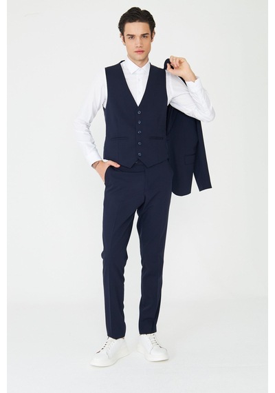Lacivert Klasik Yaka Modern Slim Fit Yelekli Takım Elbise Laci
