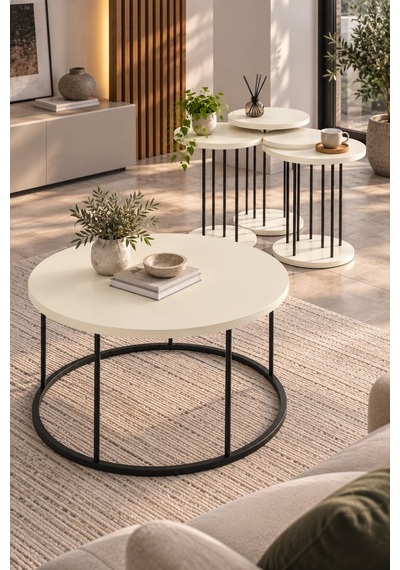 Sulorahome Siyah Metal Ayaklı Krem Bej 4'lü Sehpa Seti Beyaz - Wenge
