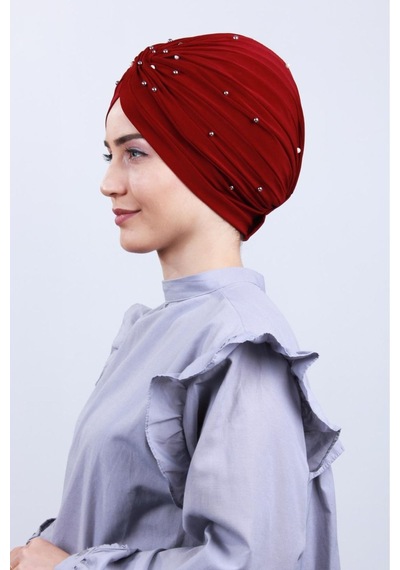 Melodi Scarf Kadın Tesettür İncili Taşlı Vera Dış Bone Bordo Bordo