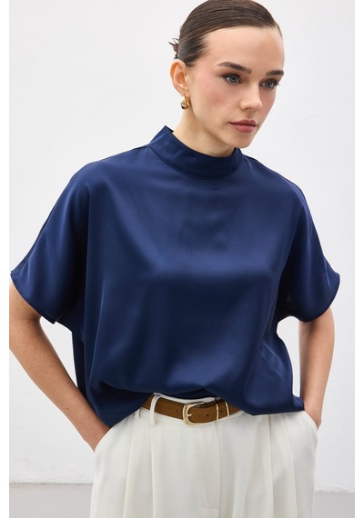 Sateen Yarasa Kol Salaş Bluz - Lacivert-136988 Lacivert Sateen Yarasa Kol Salaş Bluz - Lacivert-136988 Lacivert